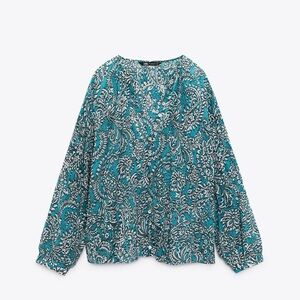 Zara Teal Paisley Long-Sleeve Women's Blouse S